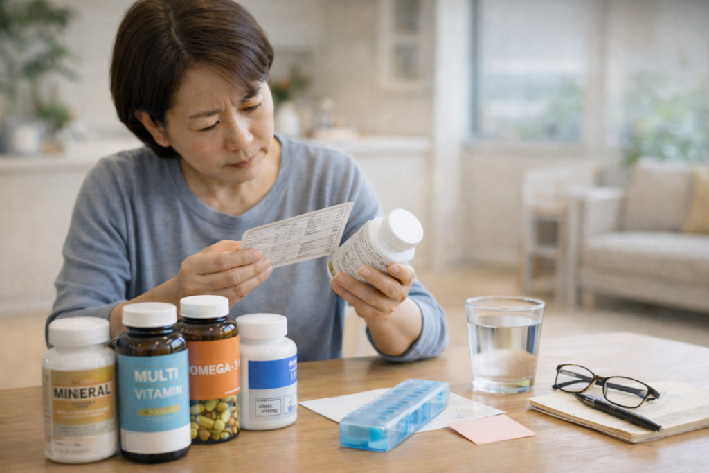 건강 보조제 라벨 살피는 여성