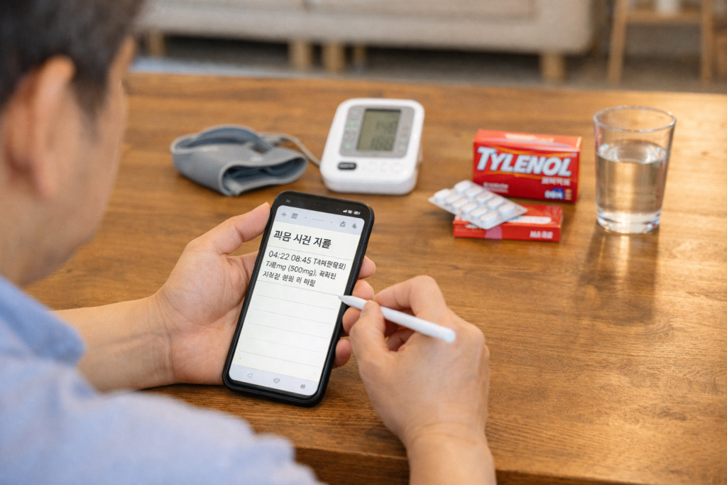 복용 기록과 혈압 측정 상황