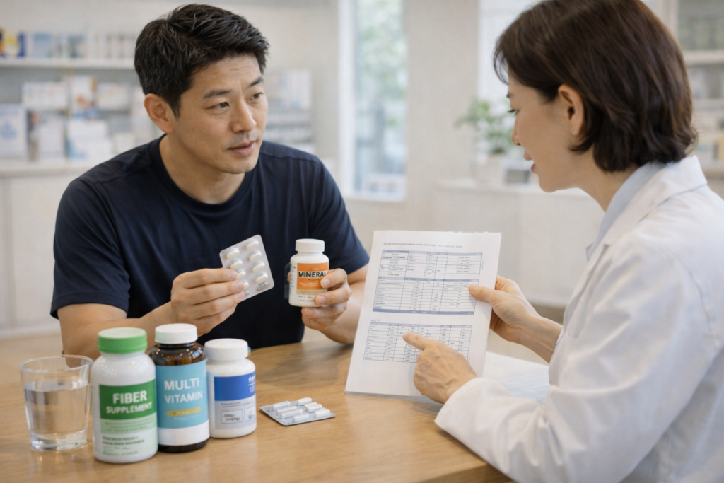 약국에서 상담하는 남성과 약사