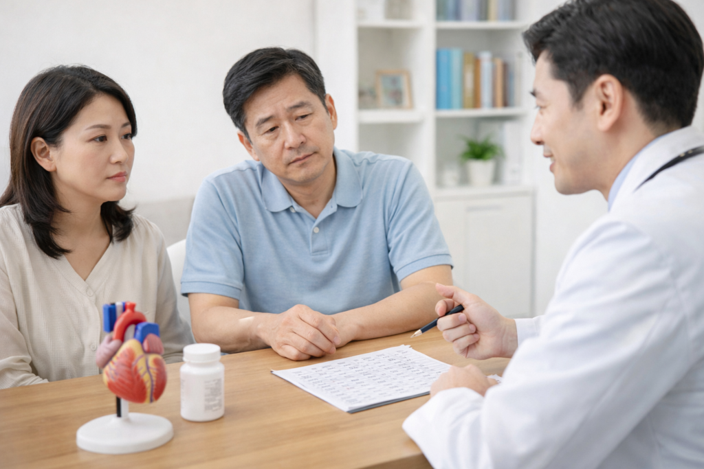 의사와 상담 중인 중년 부부