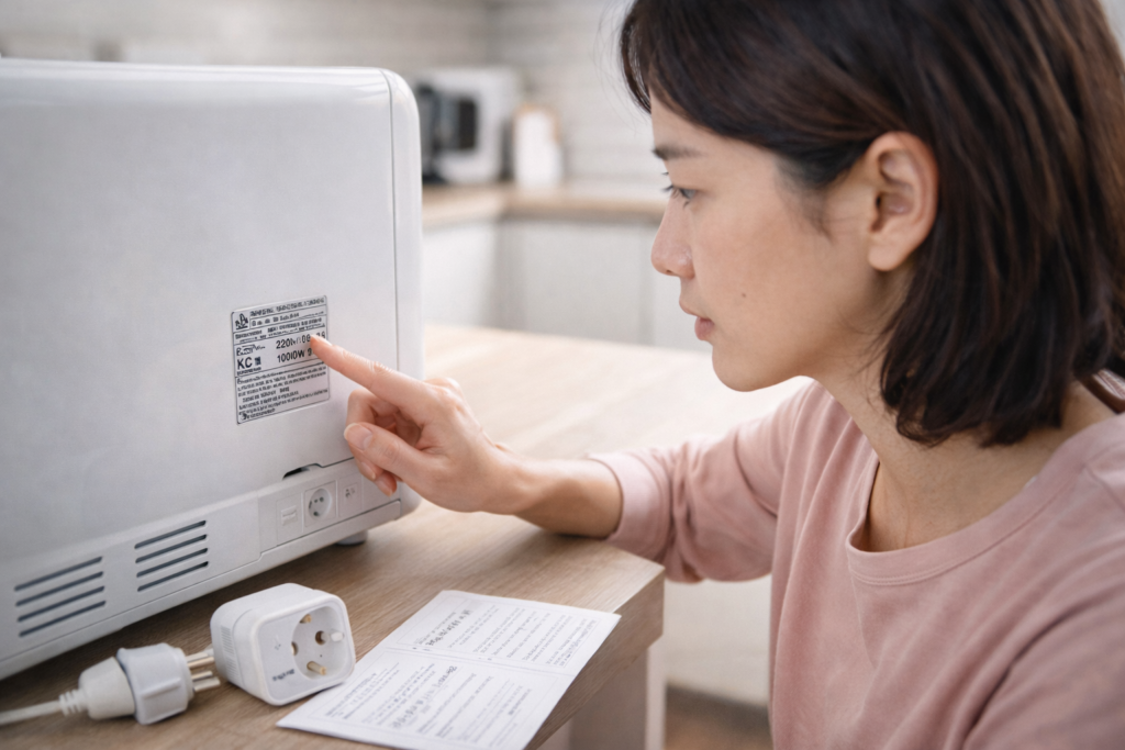 전기 제품 라벨을 확인하는 여성