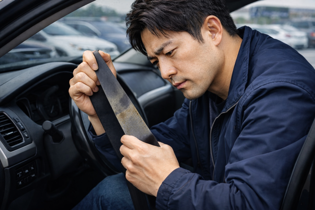 중고차 매장에서 안전벨트 점검 중