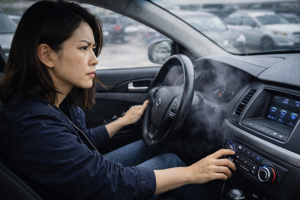 차 안의 여성 공기 냄새를 맡다