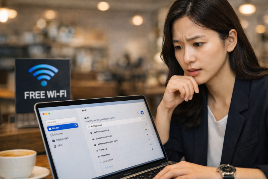 카페에서 네트워크 설정을 확인하는 여성