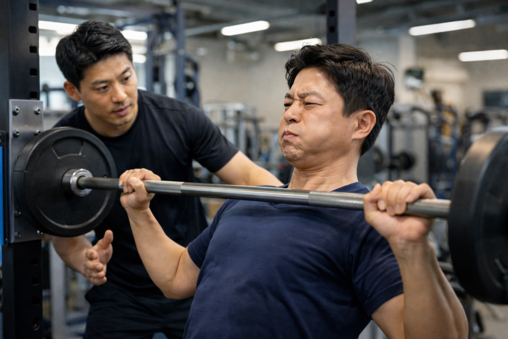 헬스장에서 바벨 운동하는 남성