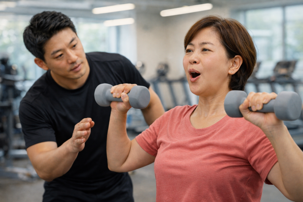 헬스장 운동 중인 여성과 트레이너