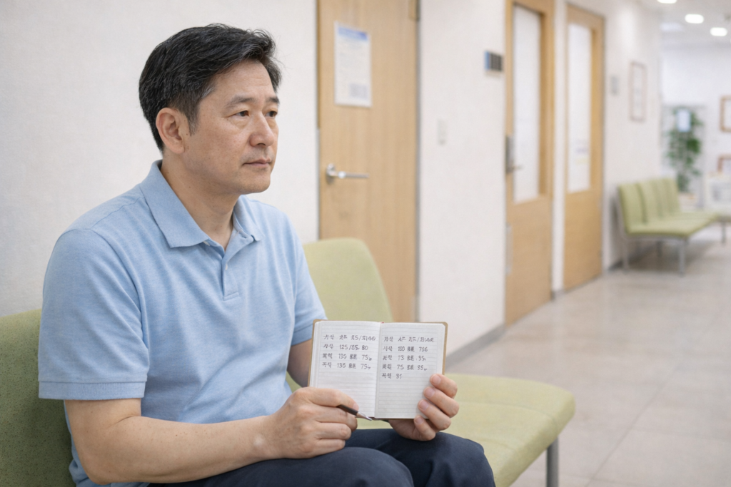 혈압과 맥박 기록 확인하는 모습