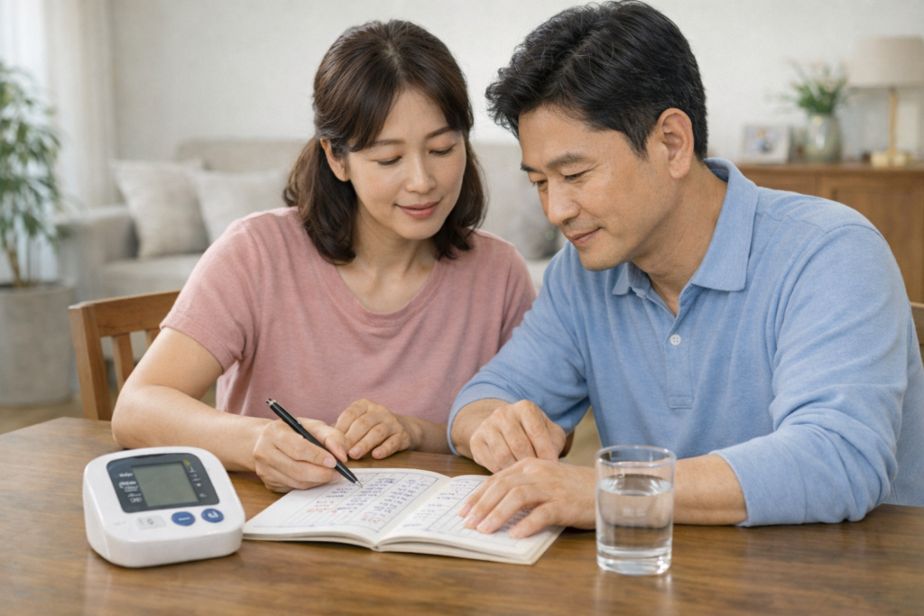 혈압 기록을 확인하는 부부