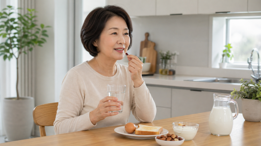 아침 식사 후 루테인 지아잔틴 영양제를 물과 함께 복용하는 한국인 여성의 모습