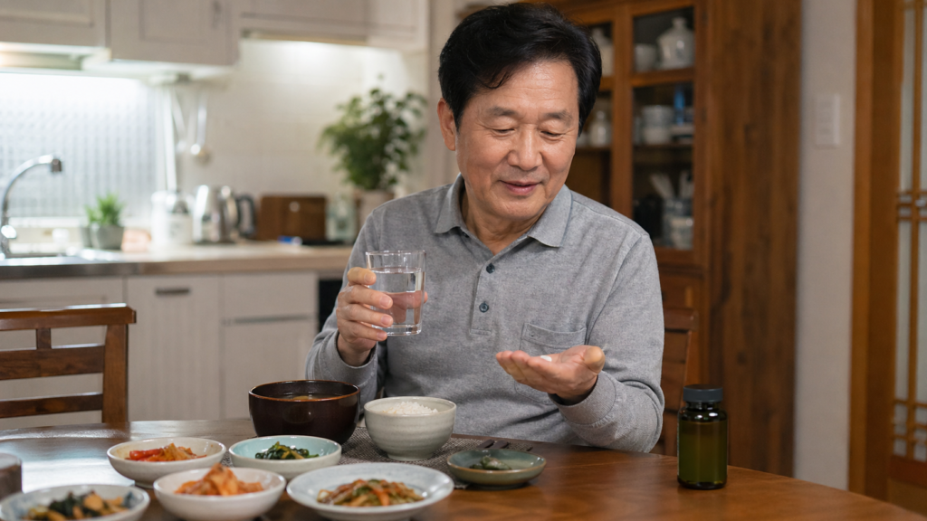 저녁 식사 후 루테인 지아잔틴 영양제를 챙기는 한국인 남성의 자연스러운 모습
