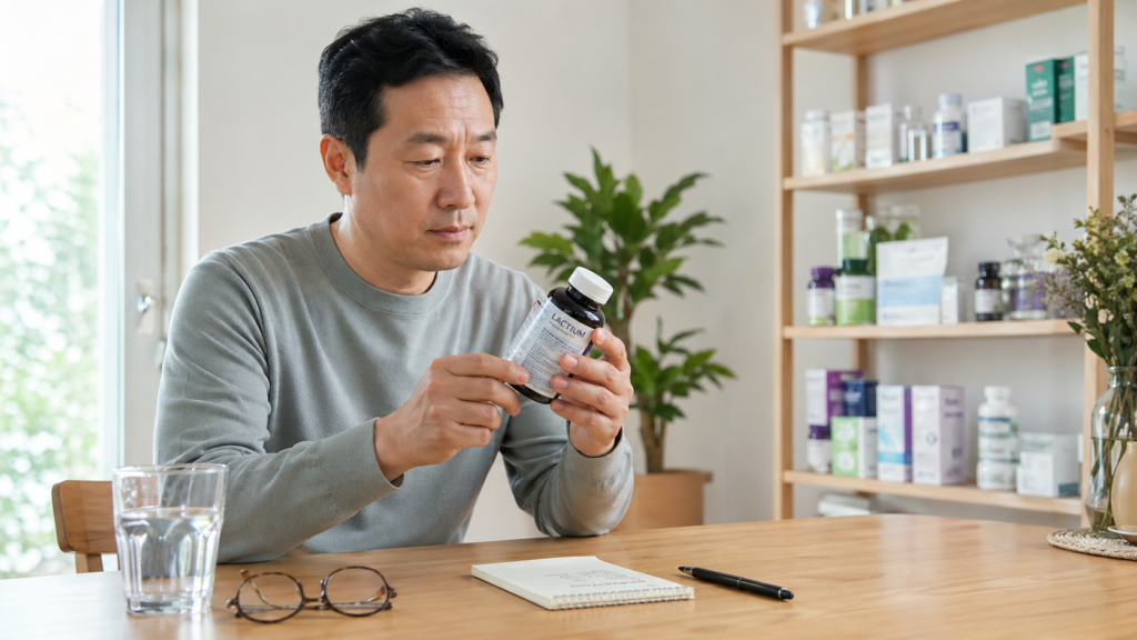 천연 수면 유도제 락티움, 부작용 없는 복용법? 5가지 핵심만 정리해봤어요 2 락티움 영양제 성분표와 주의사항을 확인하는 한국인 성인의 모습