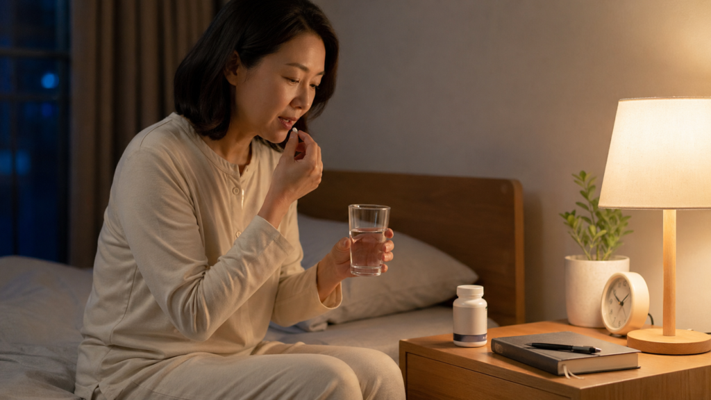 천연 수면 유도제 락티움, 부작용 없는 복용법? 5가지 핵심만 정리해봤어요 3 취침 전 락티움 영양제를 물과 함께 챙기는 한국인 성인의 수면 루틴 모습