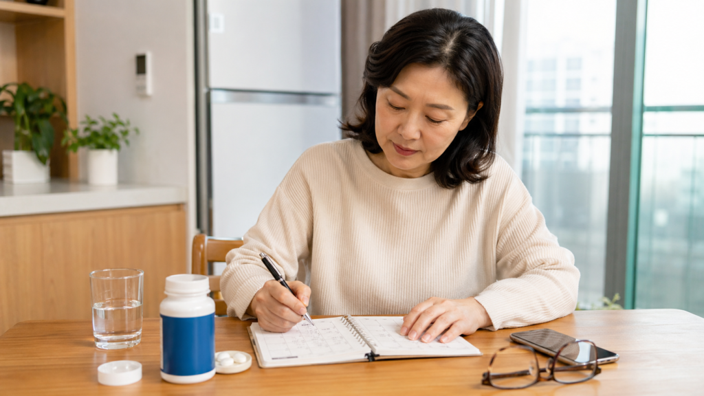 천연 수면 유도제 락티움, 부작용 없는 복용법? 5가지 핵심만 정리해봤어요 4 락티움 복용 시간과 수면 상태를 기록하며 루틴을 관리하는 한국인 성인의 모습