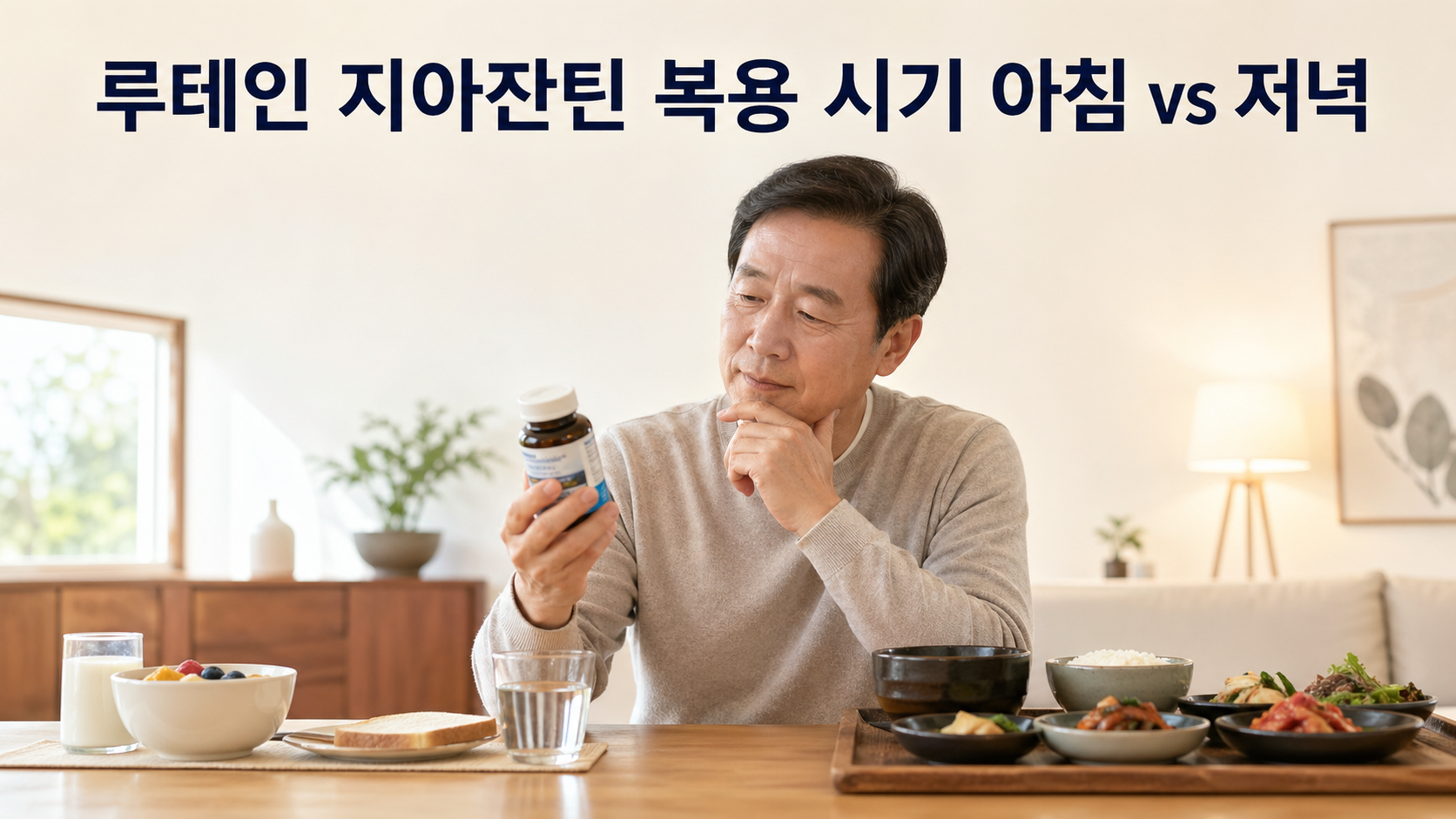 루테인 지아잔틴 복용 시기 아침과 저녁을 비교하며 고민하는 한국인 성인의 눈 건강 영양제 이미지
