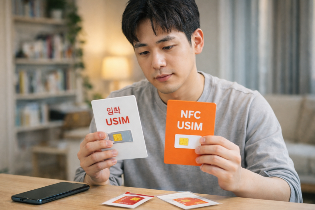 SIM 카드 비교 중인 젊은 남성