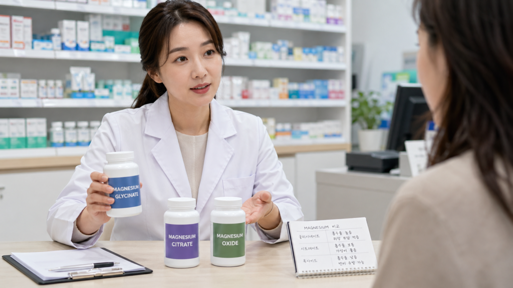 야근 후 잠 안 올 때, 마그네슘 4종 비교! 불면 완화에 더 나은 형태는? 3 약국 상담 공간에서 마그네슘 글리시네이트 시트레이트 산화마그네슘을 비교 설명하는 한국인 전문가