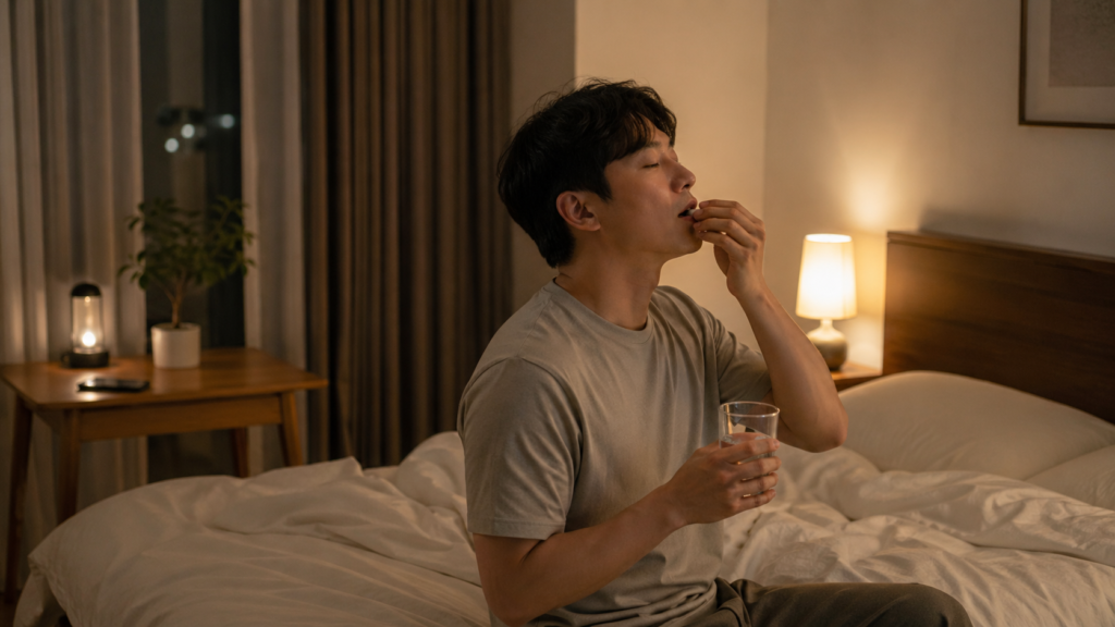 야근 후 잠 안 올 때, 마그네슘 4종 비교! 불면 완화에 더 나은 형태는? 4 취침 전 물과 함께 마그네슘을 챙기며 수면 루틴을 준비하는 한국인 직장인