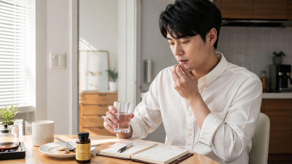 한국인 직장인이 아침 식사 후 물과 함께 비타민B를 복용하며 하루 계획표를 확인하는 이미지
