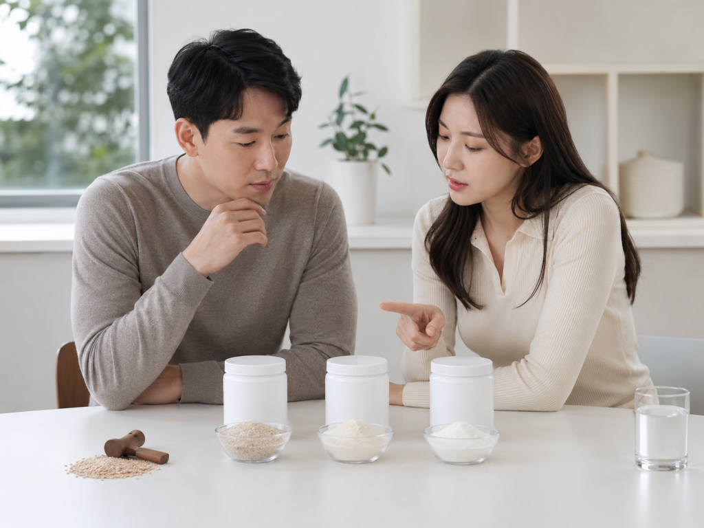 한국인 남녀가 차전자피 이눌린 난소화성말토덱스트린 식이섬유 보조제를 비교하는 장면