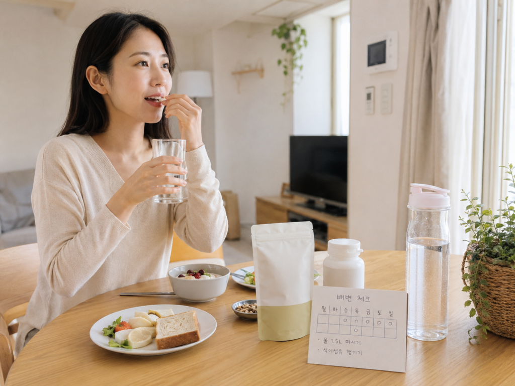 한국인 여성이 아침 식사 후 물과 함께 식이섬유 보조제를 섭취하며 장 건강 루틴을 실천하는 모습