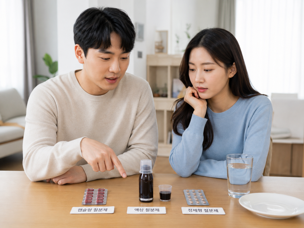 캡슐형 액상형 소형 정제 철분제 비교, 한국인 남녀가 다양한 철분제 제형을 살펴보는 모습