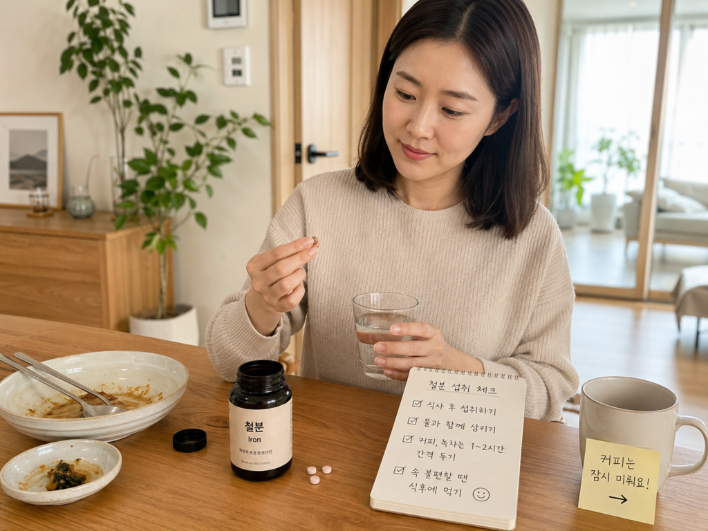 속 불편함 줄이는 철분제 복용법, 한국인 여성이 식후 물과 함께 철분제를 준비하는 장면