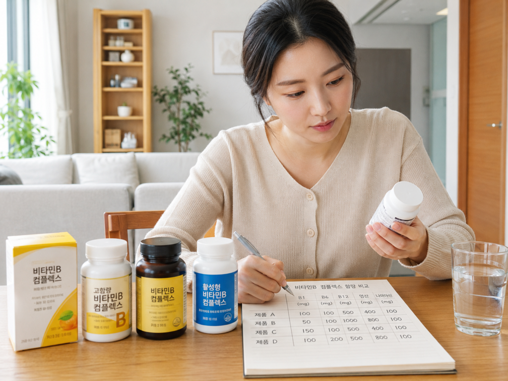 만성피로 회복에 좋은 고함량 비타민B군 비교, 활성형 비타민 고르는 법 5가지 2 고함량 비타민B군 고르는 기준, 한국인 여성이 비타민 B1 B6 B12 함량을 확인하는 장면