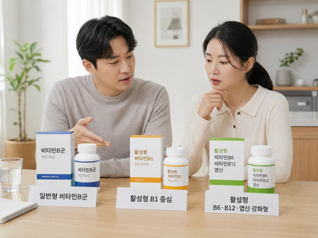 만성피로 회복에 좋은 고함량 비타민B군 비교, 활성형 비타민 고르는 법 5가지 3 활성형 비타민B군 비교, 한국인 남녀가 일반형과 활성형 비타민B군 제품을 살펴보는 모습