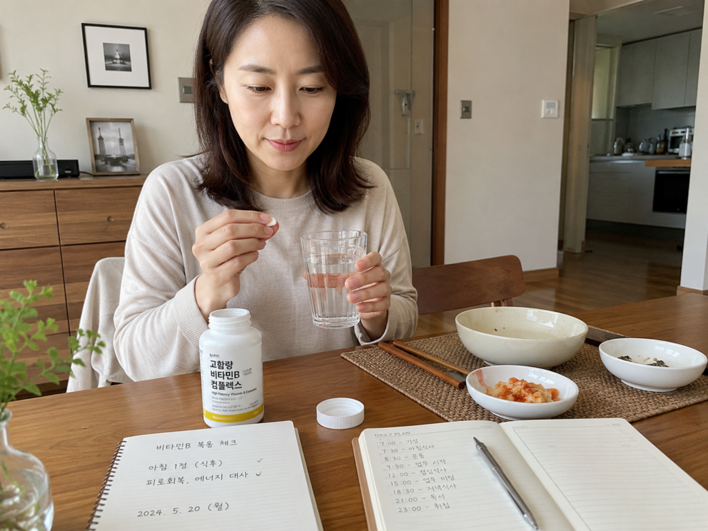 만성피로 회복에 좋은 고함량 비타민B군 비교, 활성형 비타민 고르는 법 5가지 4 비타민B군 복용 루틴, 한국인 여성이 아침 식사 후 물과 함께 고함량 비타민B군을 준비하는 장면