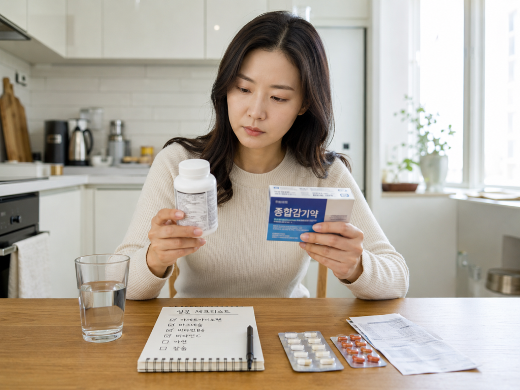 다이어트 보조제와 감기약 성분표를 비교하며 상호작용을 확인하는 한국인 여성