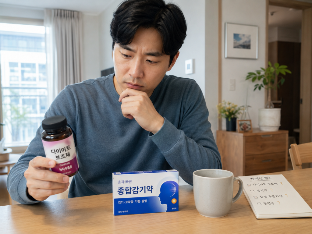 다이어트 보조제와 감기약, 커피 조합의 중복 성분 위험을 살피는 한국인 남성