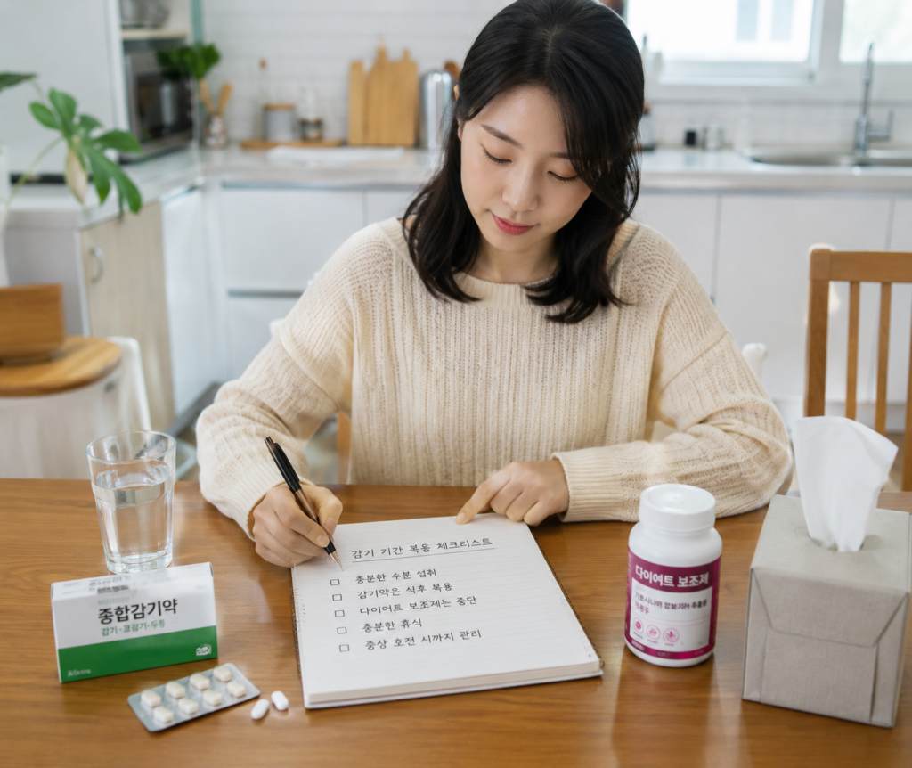 감기 기간 다이어트 보조제와 감기약 복용 체크리스트를 작성하는 한국인 여성