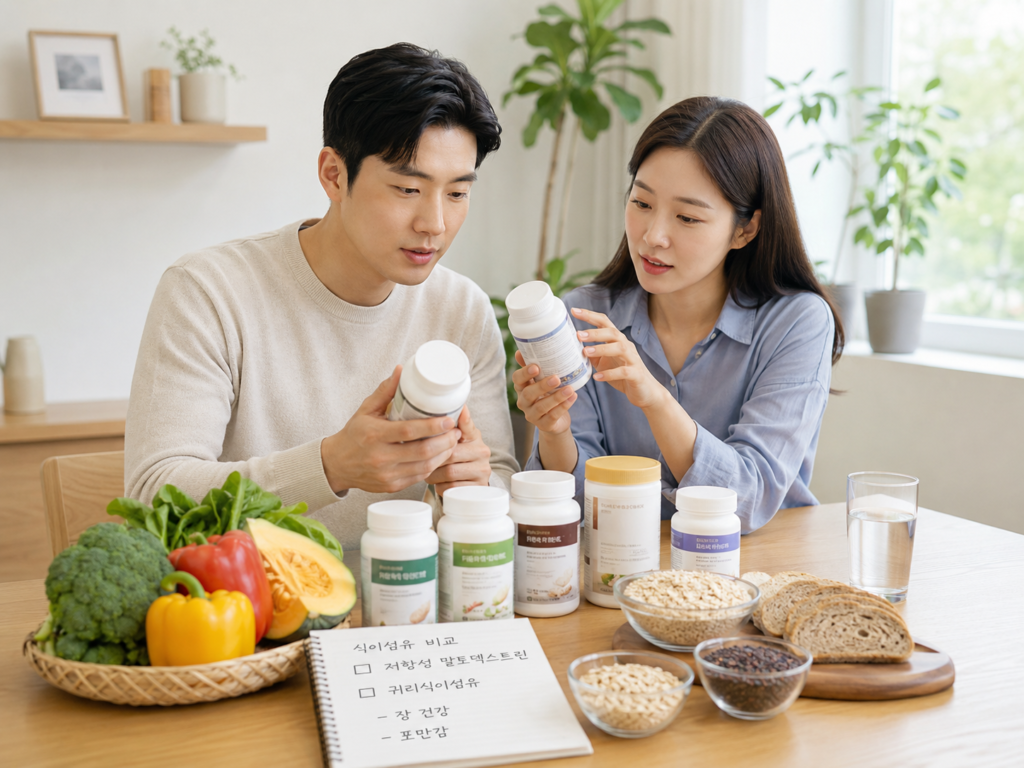 식이섬유 보조제 원료를 비교하는 한국인 남녀의 모습
