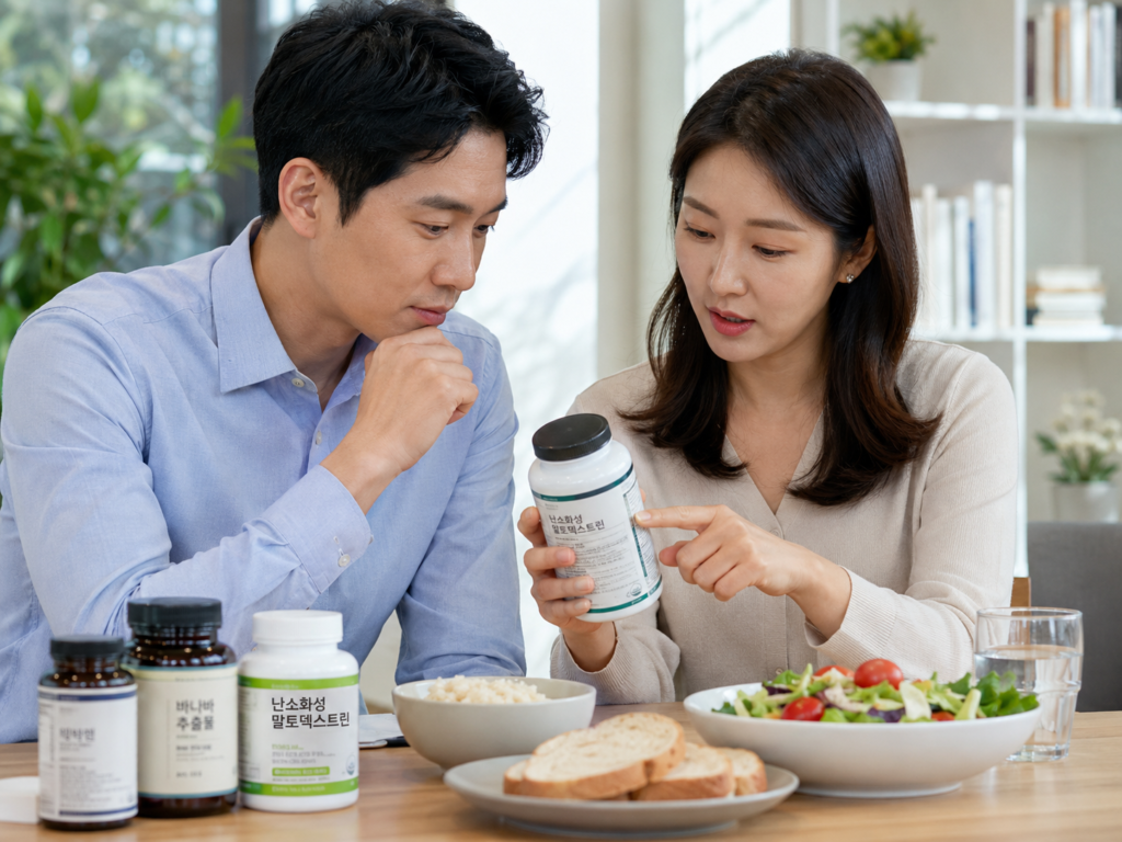 난소화성말토덱스트린 성분표를 비교하는 한국인 남녀 이미지