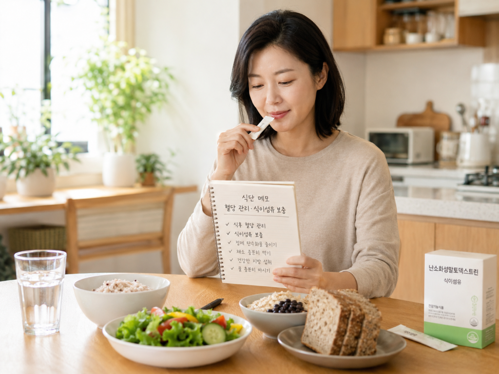 난소화성말토덱스트린과 식단 메모를 함께 준비하는 한국인 여성 이미지