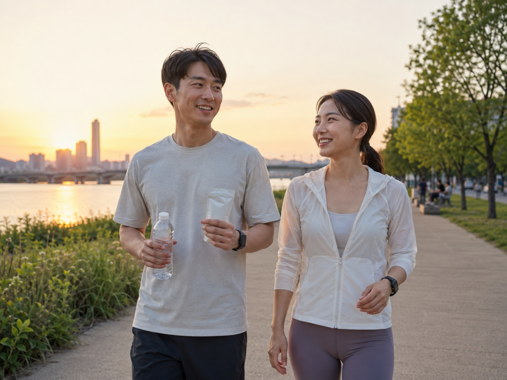 서울 한강공원에서 식후 산책하며 혈당 관리 루틴을 실천하는 30대 한국인 남녀