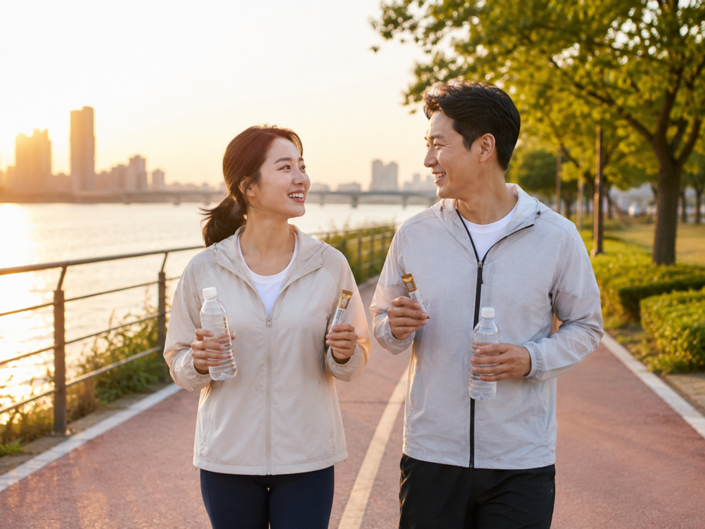 식후 걷기와 수분 섭취로 변비와 혈당을 함께 관리하는 한국인 직장인