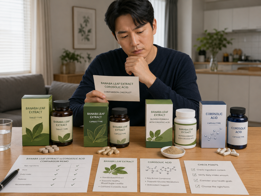 바나바잎 코로솔산 건강기능식품을 정제형과 캡슐형으로 비교하는 한국인 남성