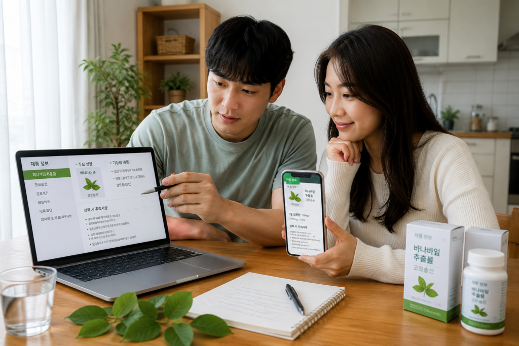 바나바잎 코로솔산 제품의 1일 섭취량과 주의사항을 비교하는 한국인 부부