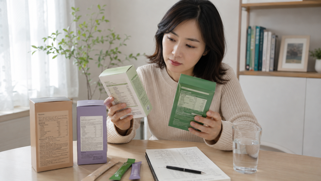 식이섬유 보조제 원료명과 함량을 비교하는 한국인 여성