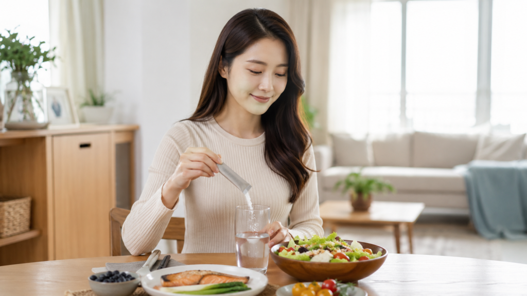 식사 전 물과 식이섬유 보조제를 준비하는 한국인 여성의 다이어트 루틴