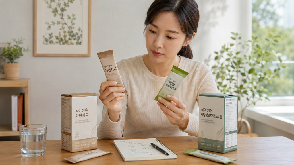 차전자피와 난소화성말토덱스트린 원료명과 함량을 비교하는 한국인 여성