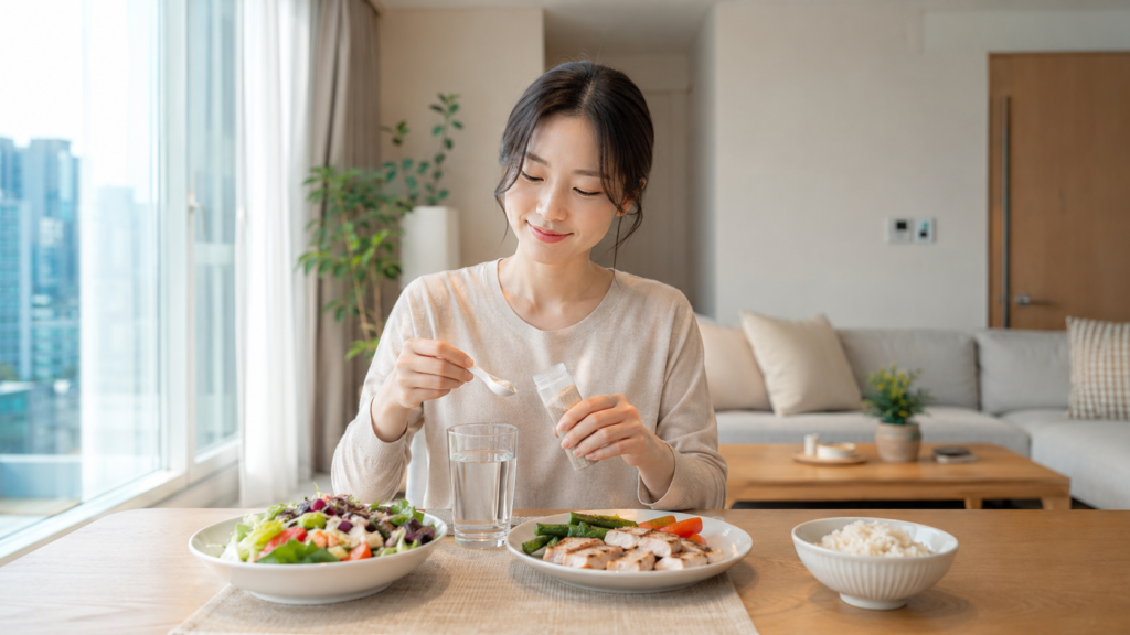 사 전 물과 식이섬유 보조제로 포만감 관리를 하는 한국인 여성