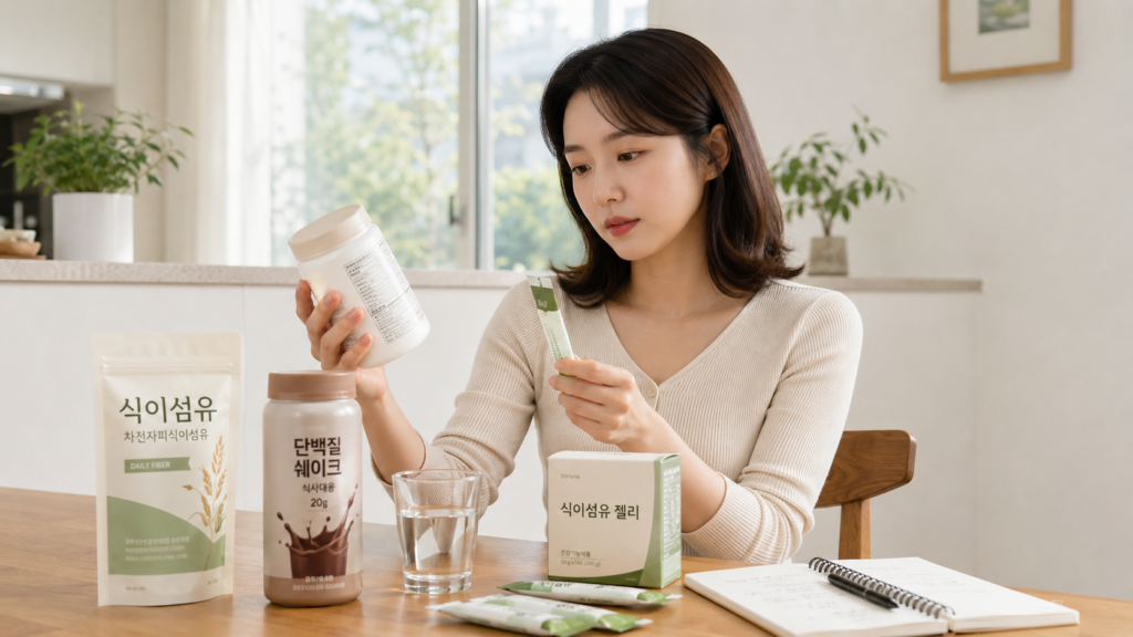 포만감 관리용 보충제 종류를 비교하는 한국인 여성