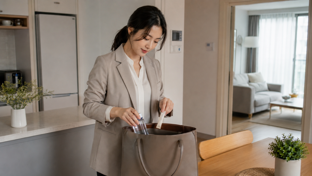 출근 전 포만감 관리용 보충제와 물병을 챙기는 한국인 직장인