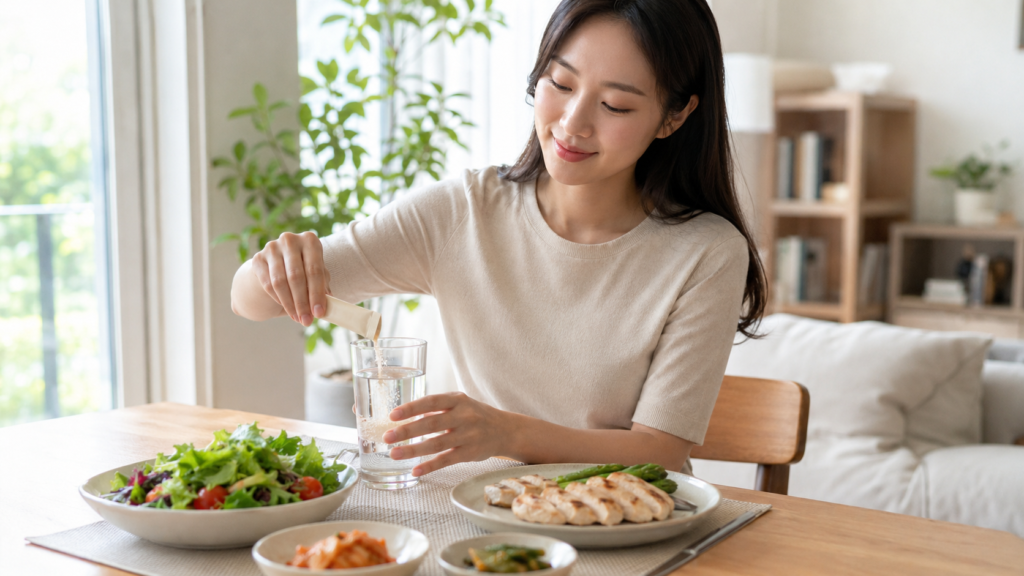식사 전 포만감 관리용 보충제를 준비하는 한국인 여성의 다이어트 루틴