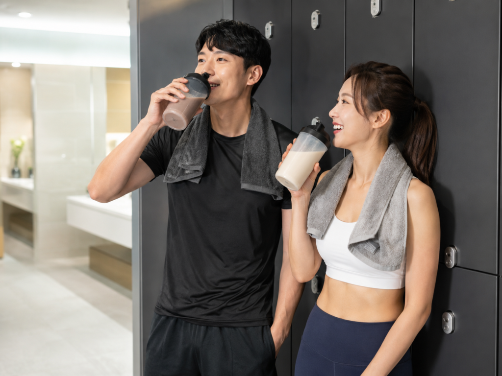 운동 후 단백질 쉐이크를 마시는 한국인 남녀