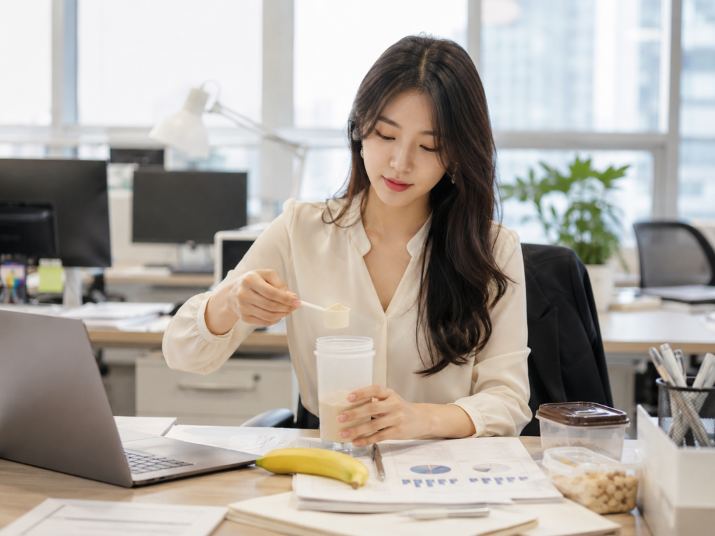 사무실에서 바나나와 단백질 쉐이크를 먹는 한국인 직장인 여성