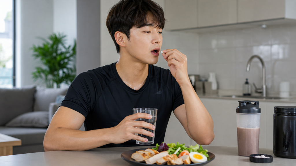 다이어트할 때 크레아틴 먹어도 될까? 감량 중 복용 전 꼭 알아야 할 5가지 4 운동 후 식사와 함께 크레아틴과 물을 챙겨 먹는 한국인 남성