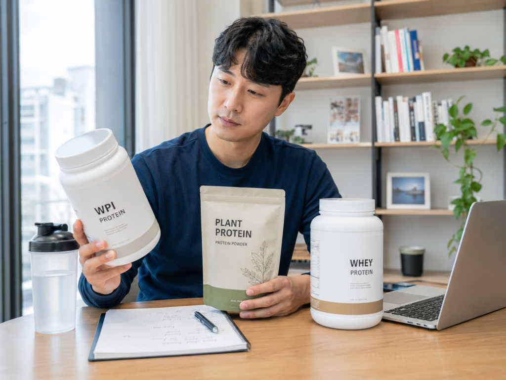 한국인 남성이 WPI 식물성 단백질 일반 유청 단백질 보충제를 비교하는 모습